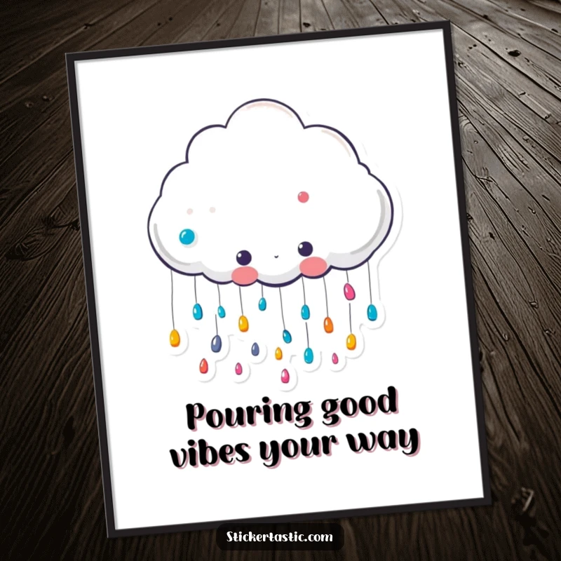 Funny Free Printable Cloud Wall Art with a cute cloud character raining colorful stickers, ideal for DIY decor.