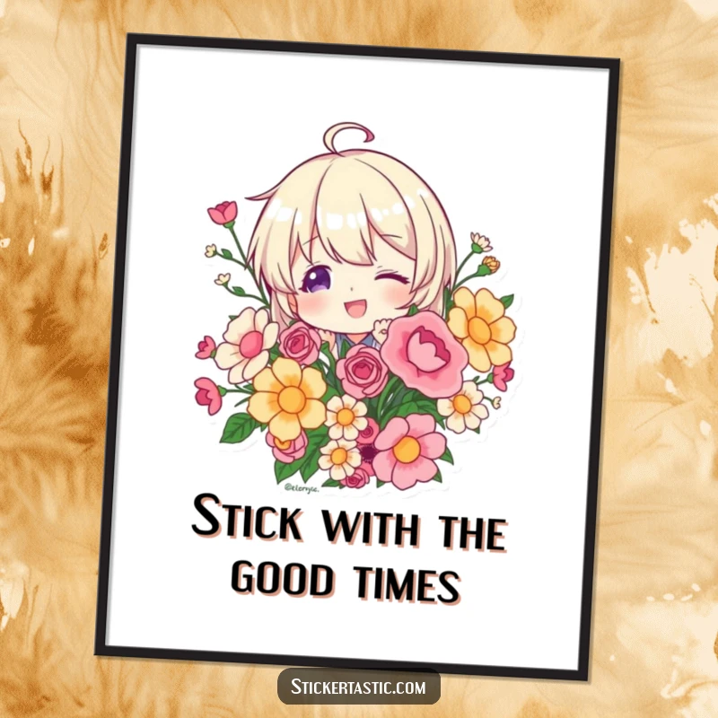 Funny Free Printable Wall Art: A character playfully peeks from behind a large, colorful bouquet of assorted stickers.