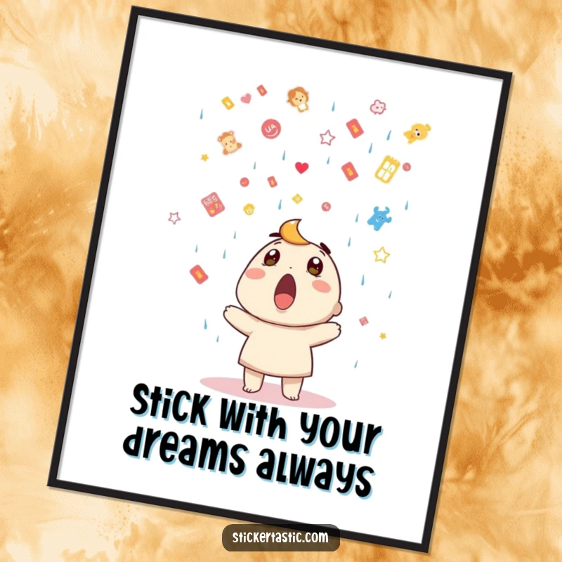 Funny Free Printable Wall Art: A surprised character looks up as a colorful shower of stickers rains down, downloadable fun.