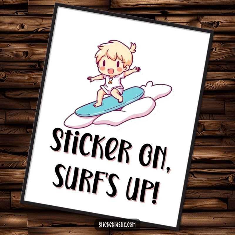Funny Free Printable Wall Art: A character happily surfs on a giant floating sticker, bringing a sense of adventure and fun.