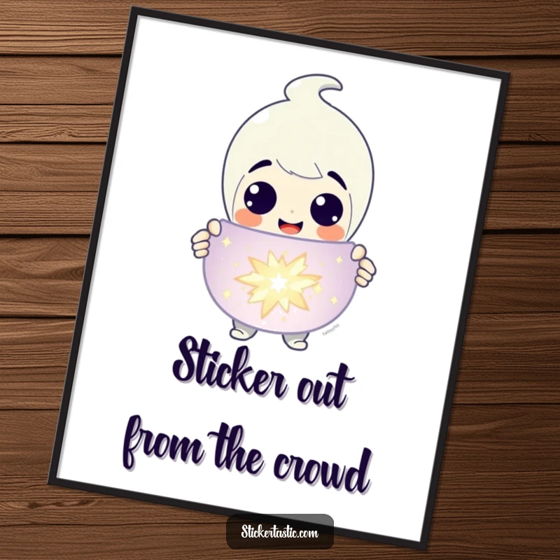 Funny Free Printable Wall Art: A grinning character proudly presents a giant, dazzling, sparkling sticker.
