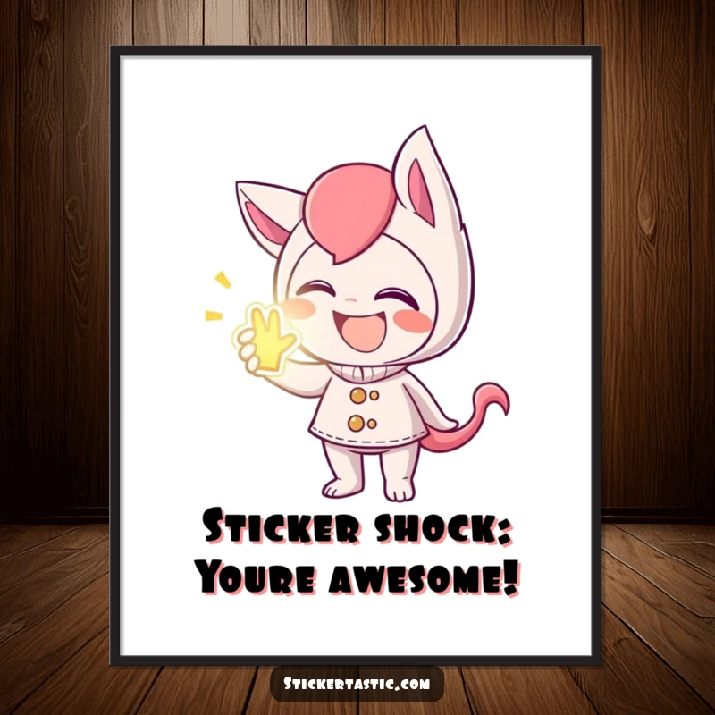 Funny Free Printable Wall Art of a mischievous character with a big giggle, handing out a glowing sticker, a playful downloadable decor item.