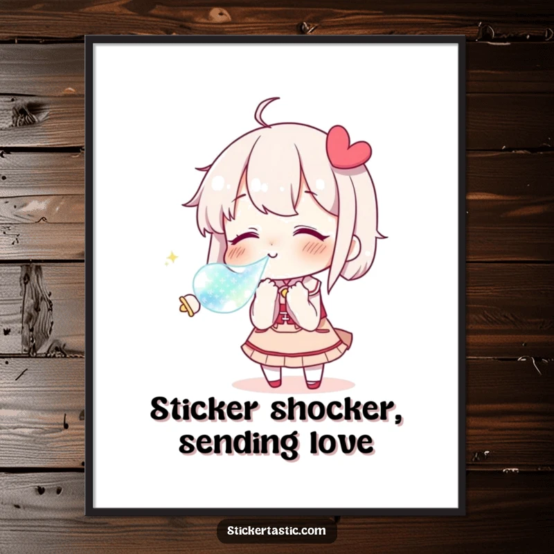 Funny Free Printable Wall Art: Character blowing a kiss at a sparkling sticker, creating a unique and amusing piece of downloadable art.