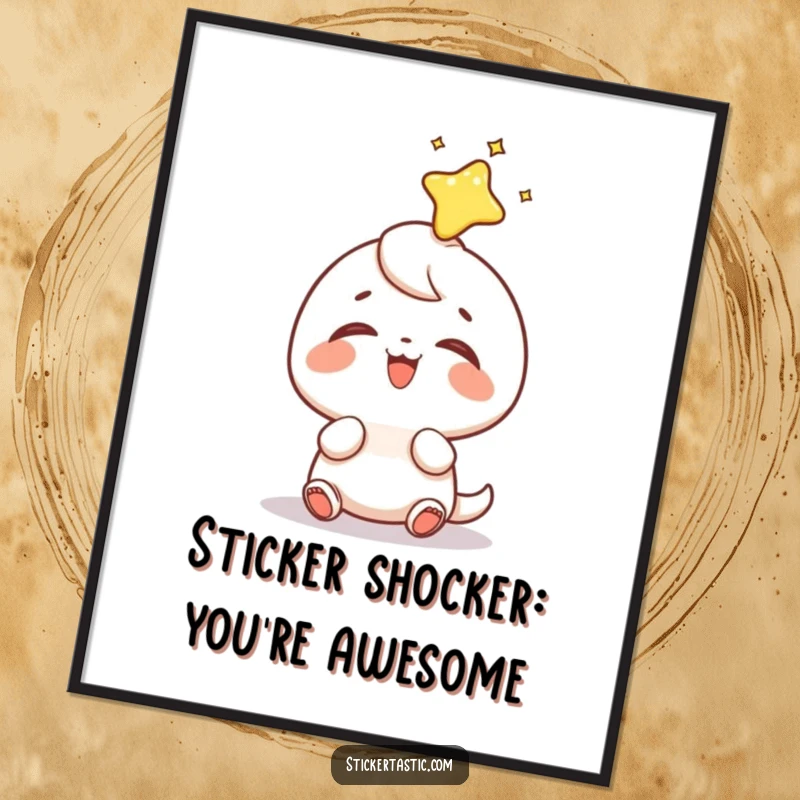 Funny Free Printable Wall Art: A small character in stitches of laughter as a shiny sticker lands on its head.