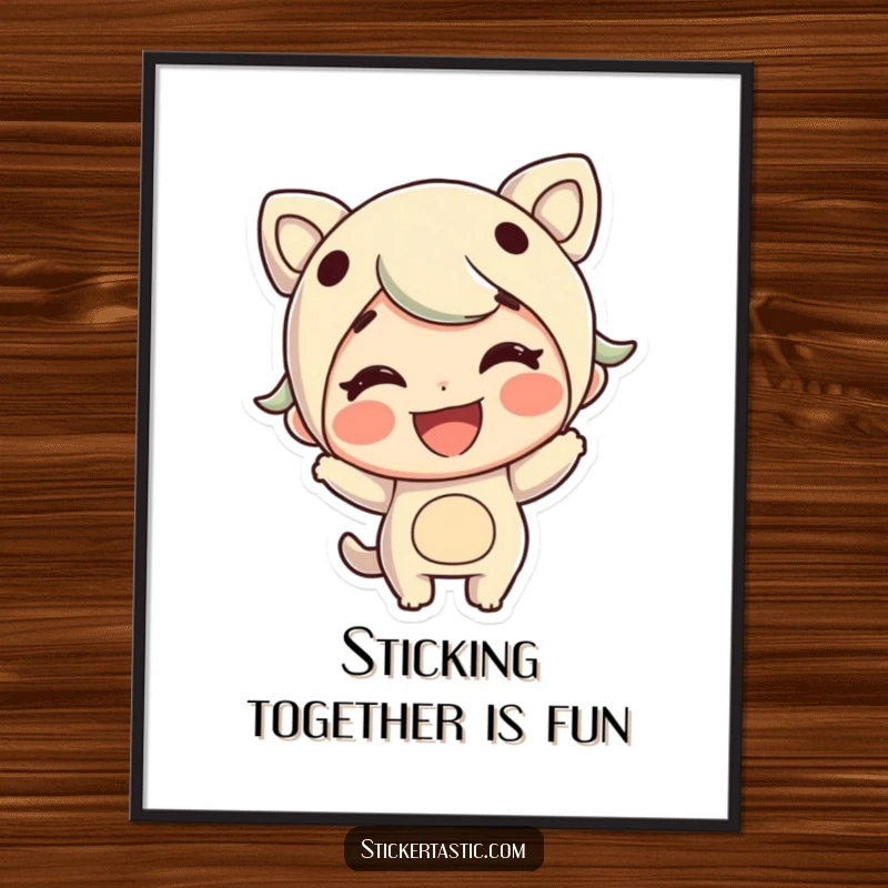 Funny Free Printable Wall Art: A cheerful character with a wide grin enthusiastically sticks a large, colorful sticker on a surface.