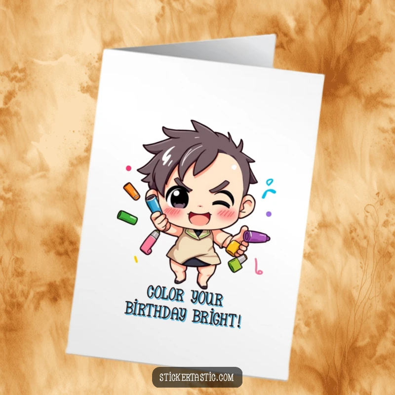 Funny Free Printable Birthday Card: A determined character skillfully juggling multiple colorful markers with playful focus.