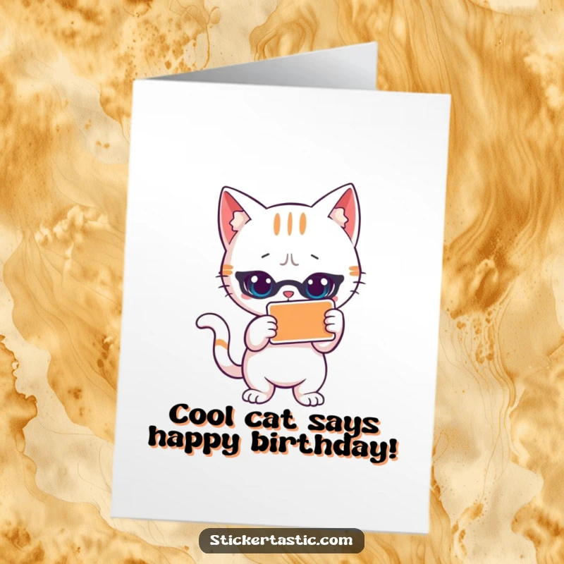 Funny Free Printable Birthday Card: A cool cat striking a stylish pose next to a vibrant sticker, wishing happy birthday.