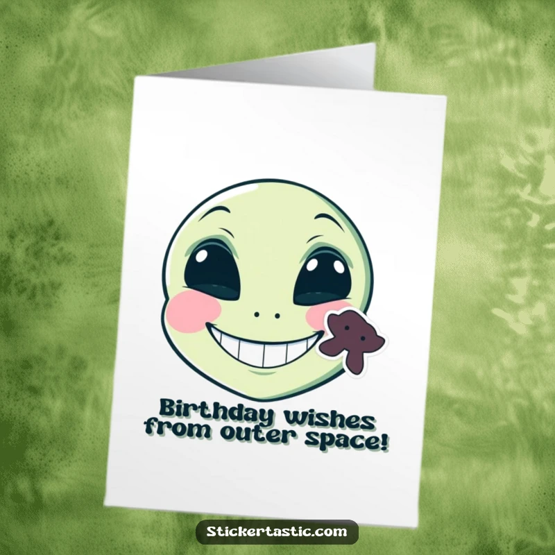 Funny Free Printable Alien Birthday Card with a grinning alien face wearing a sticker on its cheek, perfect for DIY gifts.