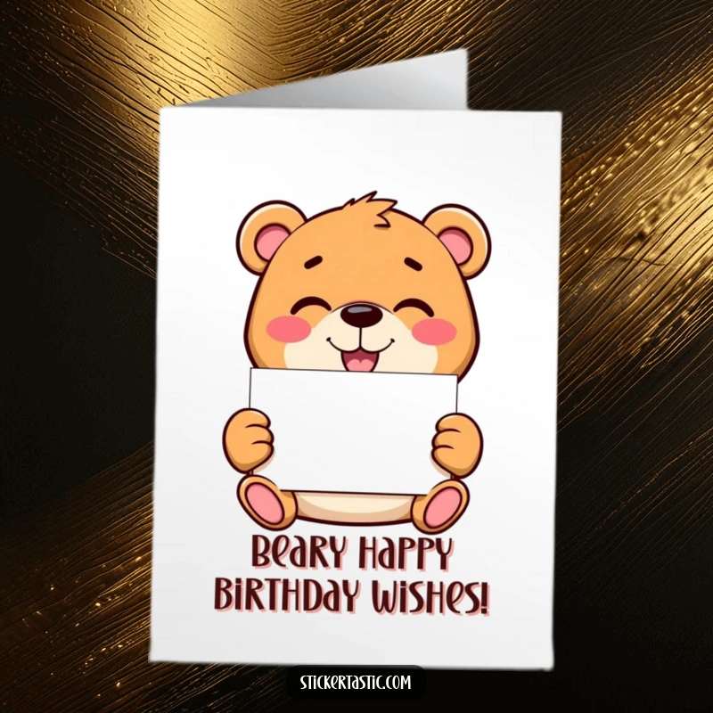 Funny Free Printable Birthday Card: Mischievous bear grinning, holding a blank sticker, ready for personalization, perfect downloadable gift.