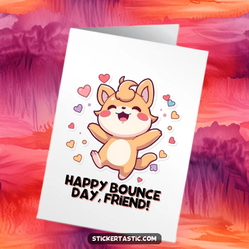 Free Printable Birthday Card: Stylized creature joyfully bounces amidst a shower of stickers, perfect for a DIY gift.