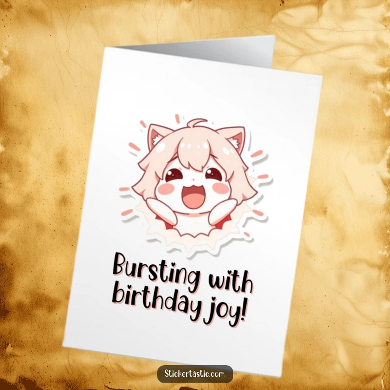 Funny Free Printable Birthday Card: Excited character bursting from sticker, a wild and downloadable birthday surprise.