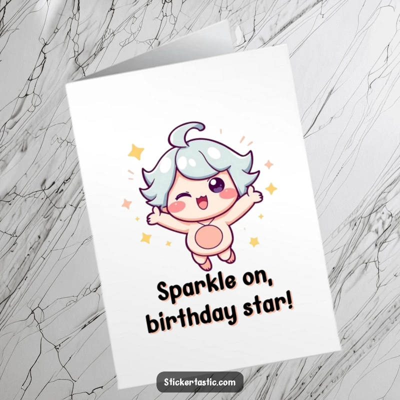 Funny Free Printable Birthday Card: Cheerful character bouncing with excitement, radiating happiness surrounded by dazzling sparkles.