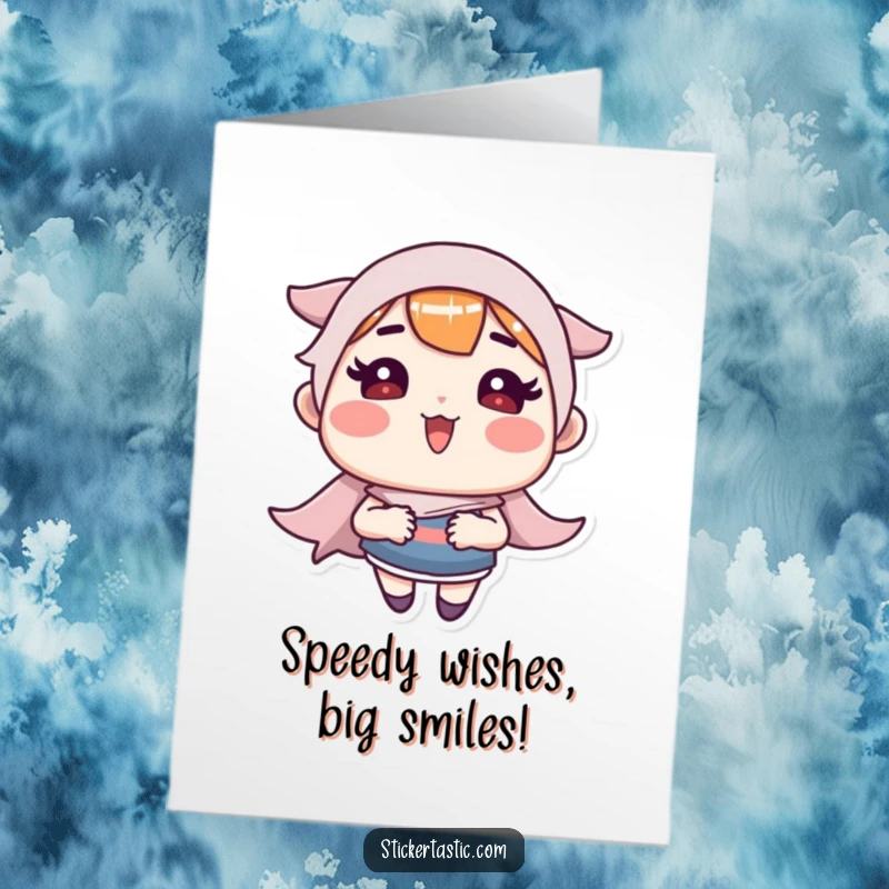 Funny Free Printable Birthday Card: Rosy-cheeked character zooming a sticker fast, celebrating with downloadable humor.