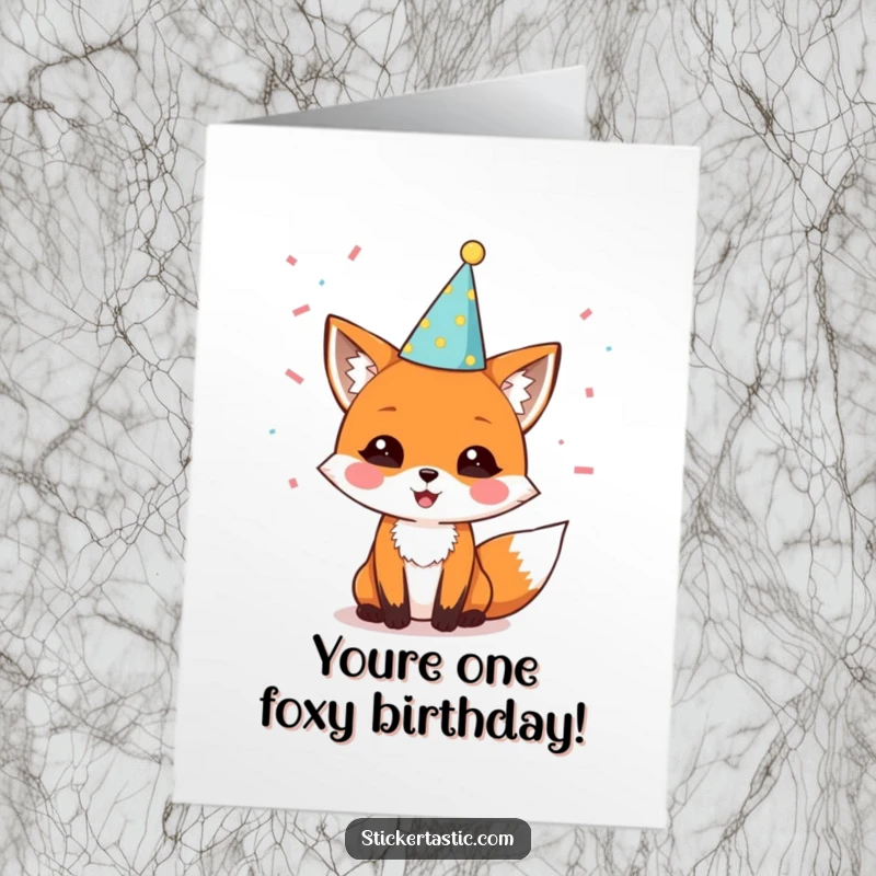 Funny Free Printable Birthday Card: Delighted fox wearing a party hat, surrounded by falling confetti, looking ecstatic.