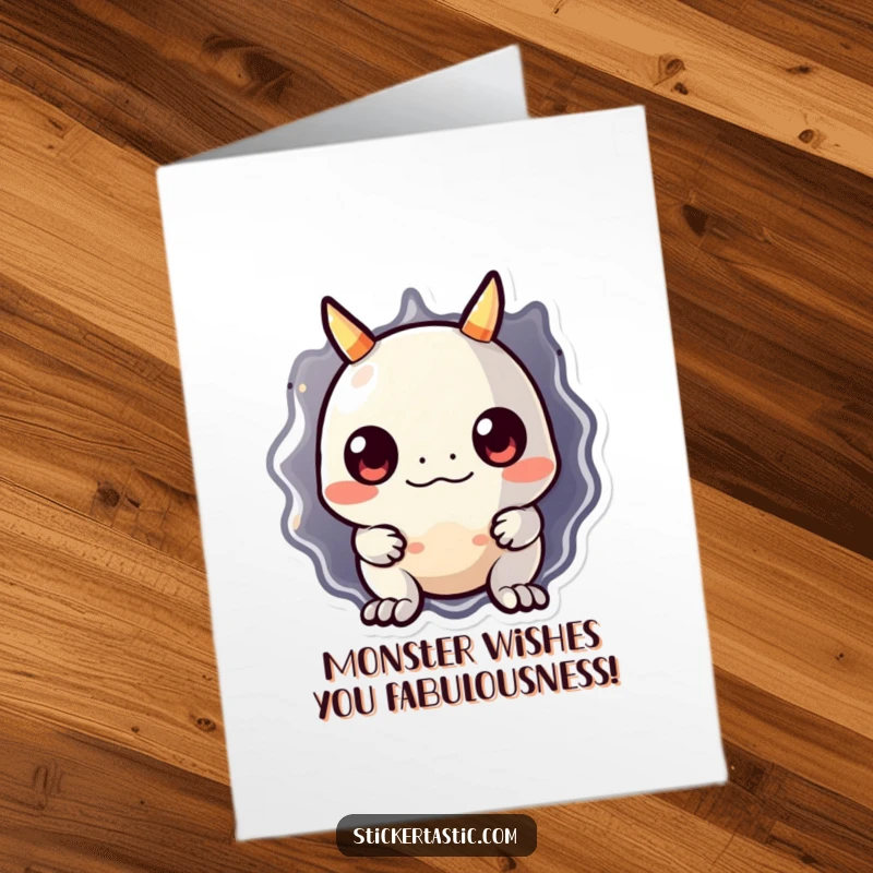 Funny Free Printable Birthday Card: Cute monster peeking from behind a big shiny sticker, ready to wish a happy birthday.