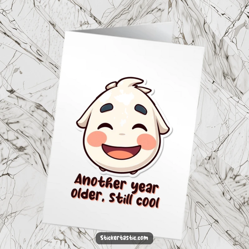 Funny Free Printable Birthday Card: Playful sticker character wiggling eyebrows under a cool sticker, expressing mischievous joy.