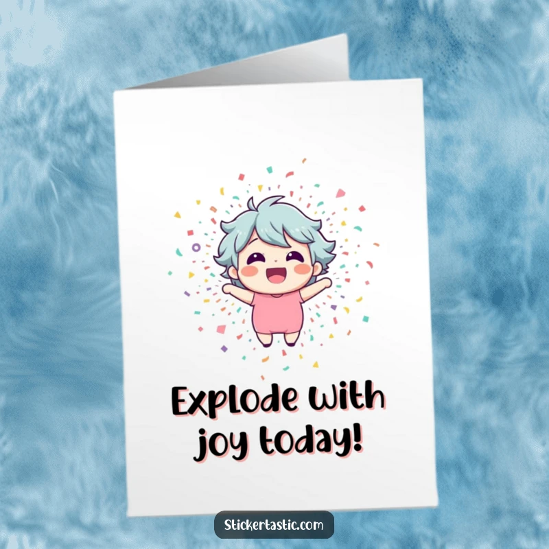 Funny Free Printable Birthday Card: A happy character emerging from a vibrant confetti explosion.