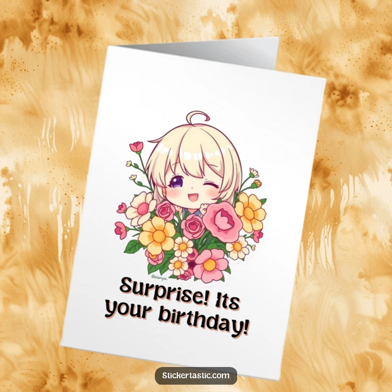 Funny Free Printable Birthday Card: A character playfully peeks out from behind a vibrant bouquet of colorful stickers.