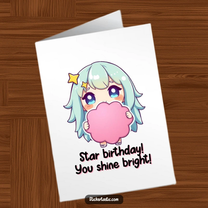 Free Printable Birthday Card: A character with wide, starry eyes holds a huge, colorful sticker, full of excitement.