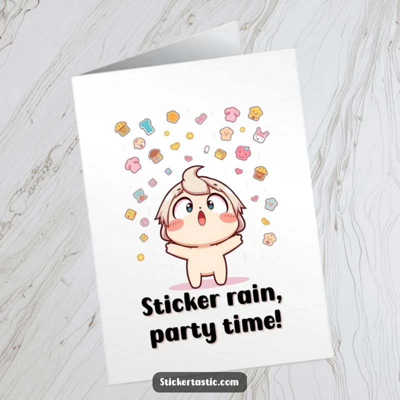 Funny free printable birthday card featuring a shocked character looking up at a delightful sticker rain, a perfect DIY gift.