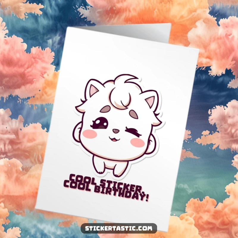 Funny free printable birthday card: character wiggles eyebrows under a cool sticker, playful and humorous celebratory gift.