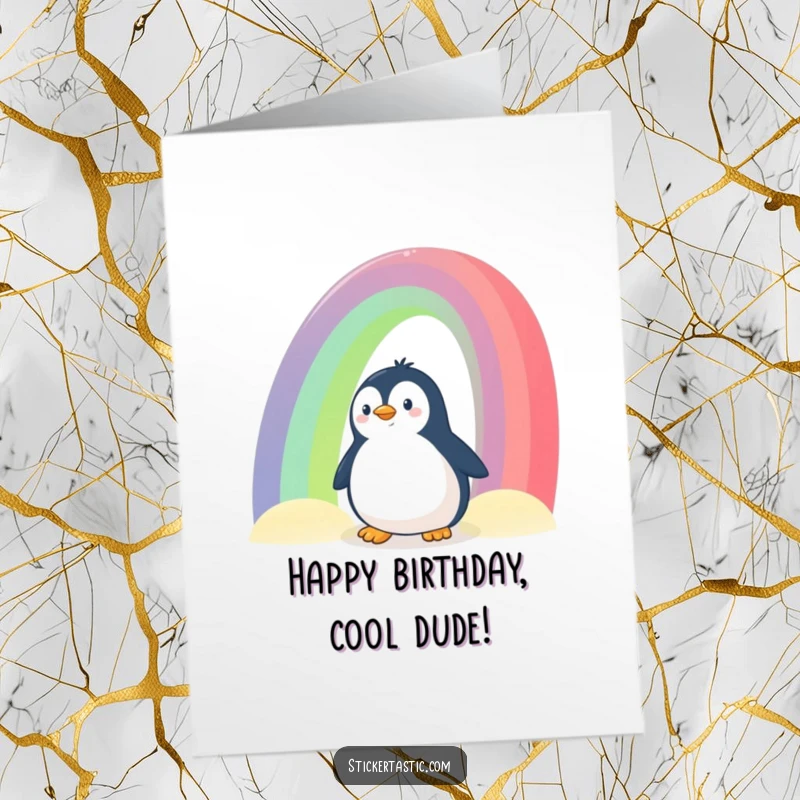 Funny Free Printable Birthday Card: Curious penguin peeking from behind a vibrant rainbow, full of joy.