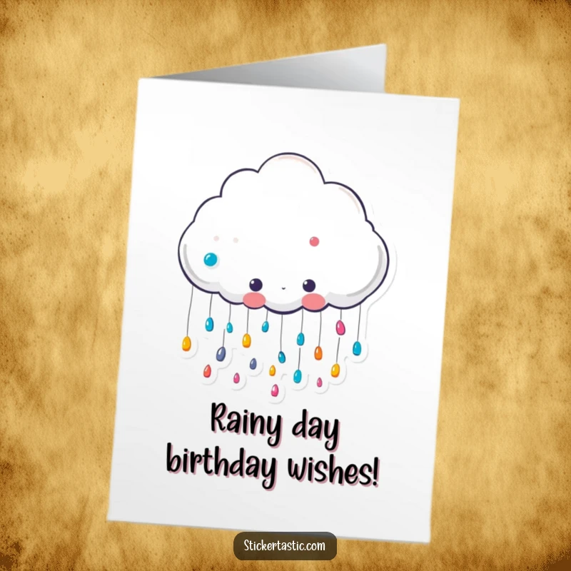 Funny Free Printable Cloud Birthday Card with a cute cloud character raining colorful stickers, perfect for DIY gifts.