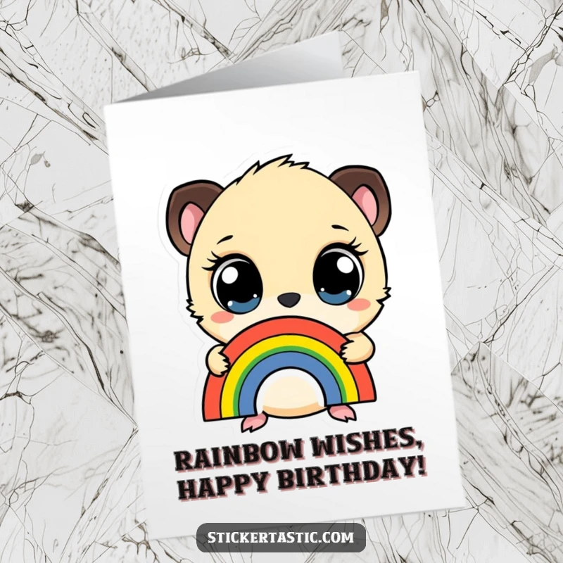 Funny Free Printable Rainbow Sticker Birthday Card: A small creature with wide eyes, holding a rainbow sticker for a magical birthday.