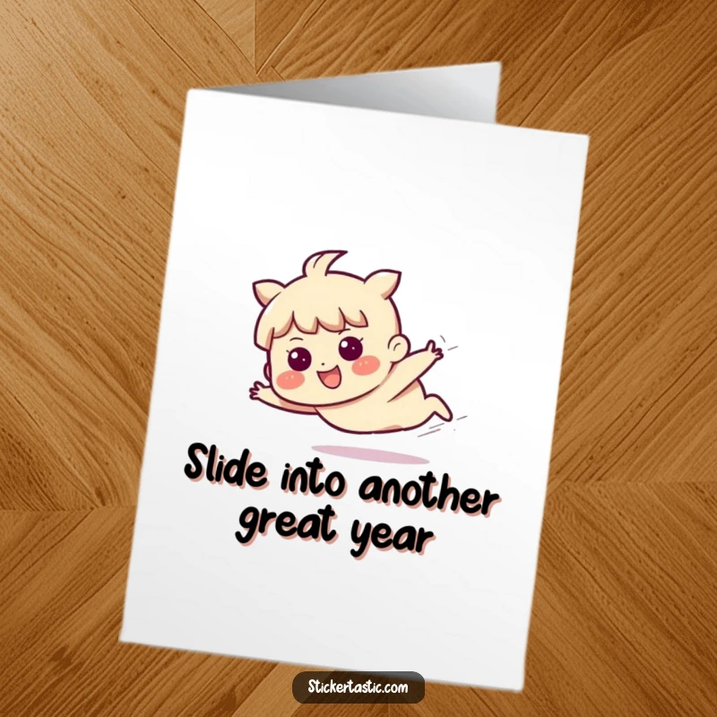 Funny Free Printable Birthday Card: A character slides with determination and joy, celebrating a speedy birthday.