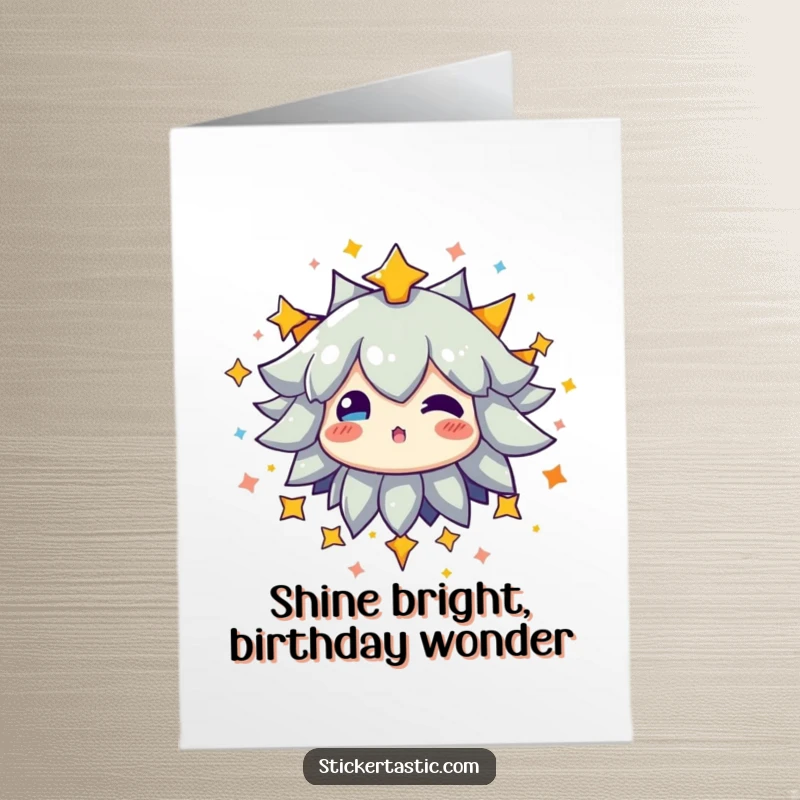 Funny Free Printable Birthday Card: A character bursts with radiant energy, surrounded by a dazzling explosion of colorful stars.