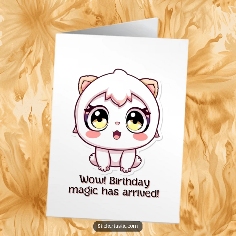 Funny Free Printable Birthday Card: Character with wide eyes gazing in awe at a captivating animated sticker.