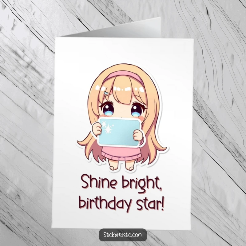 Funny Free Printable Birthday Card: Character proudly displays a sparkling sticker, radiating joy for a DIY gift.