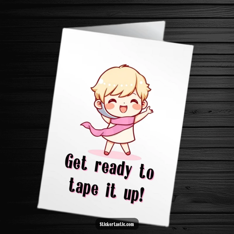 Funny Free Printable Birthday Card: A happy character doing a joyful little dance while holding a roll of tape.
