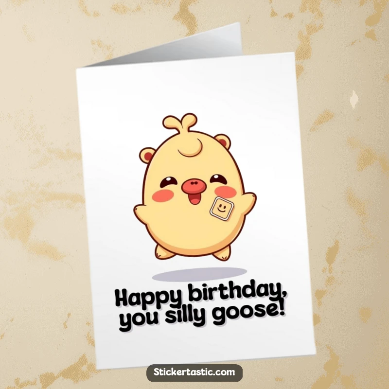 Funny Free Printable Birthday Card: a giggling character spins with a sticker playfully stuck right on its nose.