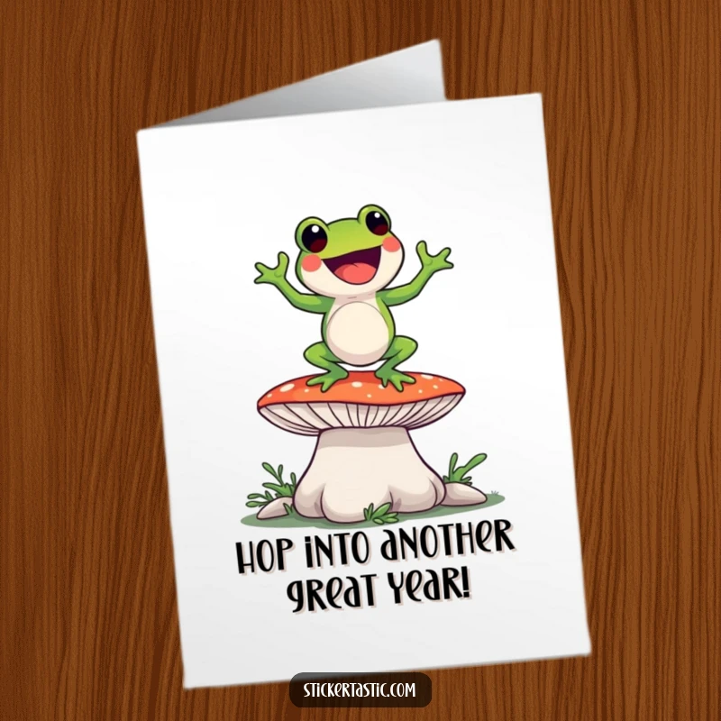 Funny free printable birthday card: A green frog with big eyes doing a silly dance on a large, colorful mushroom.