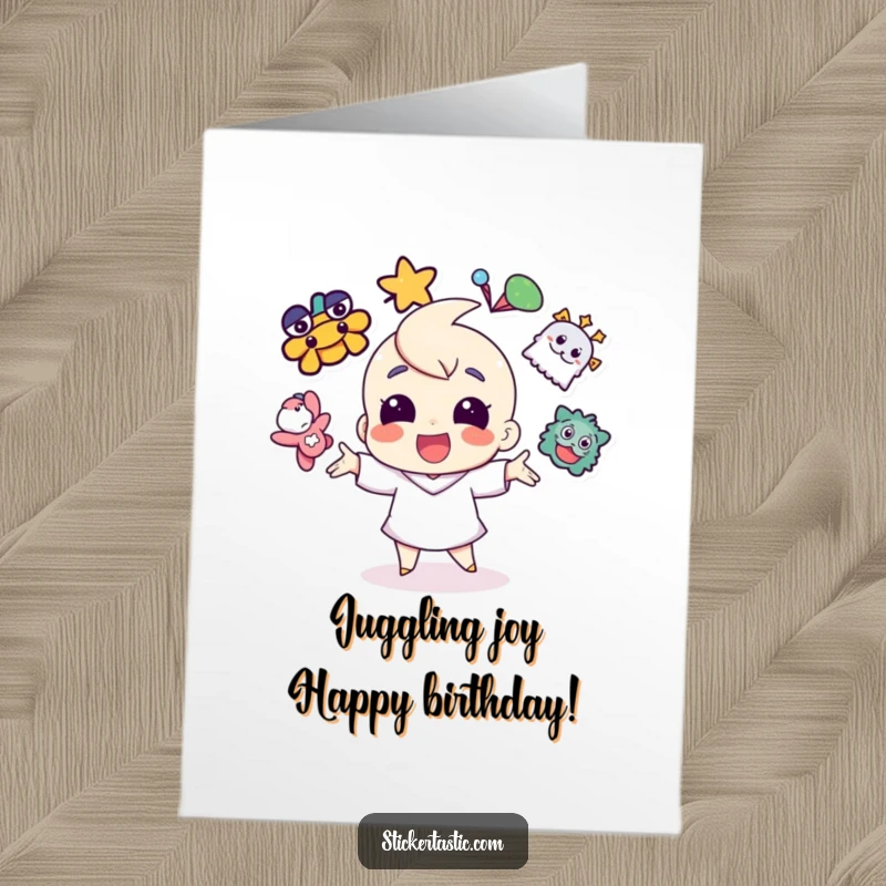 Funny Free Printable Birthday Card: A cheerful character expertly juggling multiple colorful stickers, celebrating a vibrant birthday.