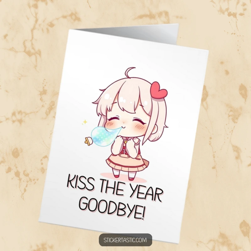 Funny Free Printable Birthday Card: Character blowing a kiss towards a glittering sticker. A romantic and humorous 'Happy Birthday' greeting.