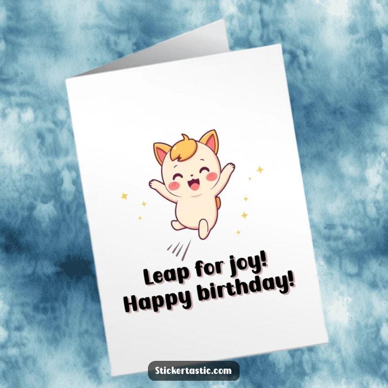 Free Printable Birthday Card: A cute character joyfully leaps, leaving a trail of sparkling magic.