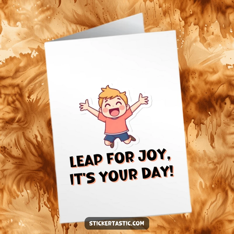 Funny Free Printable Birthday Card: Energetic cartoon character leaping high with arms open wide in celebration.
