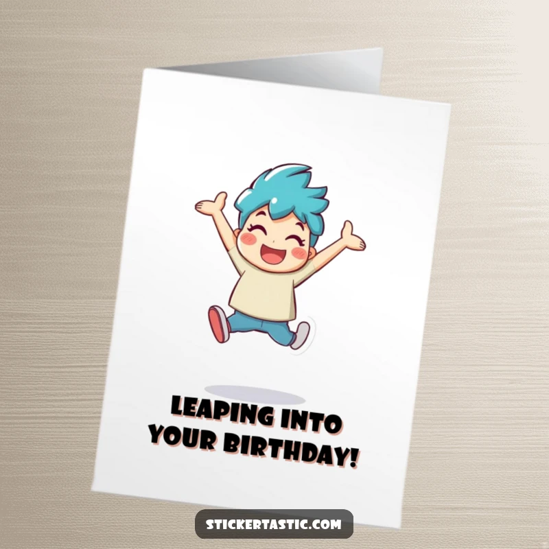 Funny Free Printable Birthday Card: A cheerful character leaps high with a large, shiny sticker, radiating pure excitement and fun.