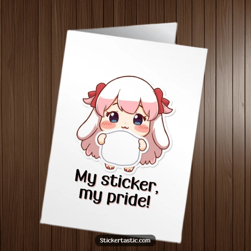 Funny free printable birthday card with a rosy-cheeked character proudly showing off a unique sticker, a cheerful gift.