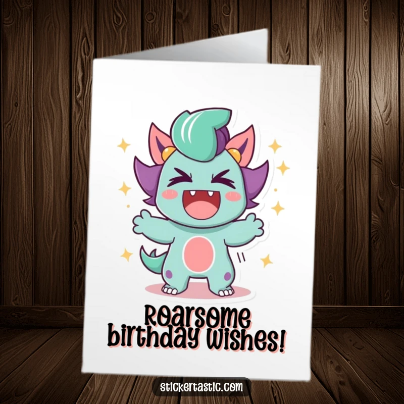 Funny Free Printable Birthday Card: Character roaring triumphantly, surrounded by a dazzling explosion of colorful sparkles, celebrating big.