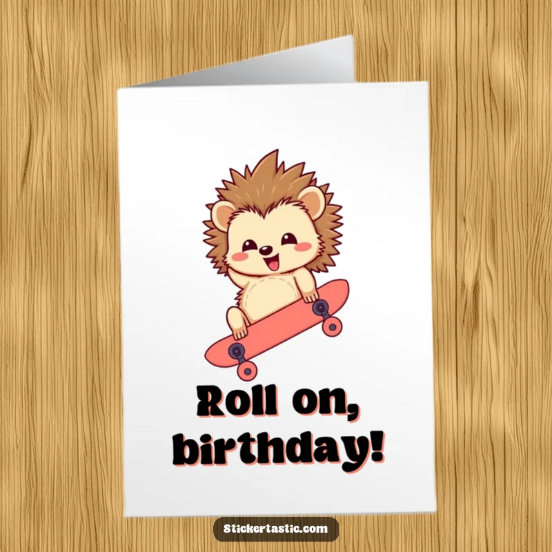Funny Free Printable Birthday Card: Happy hedgehog riding a skateboard upside down, full of rad energy.