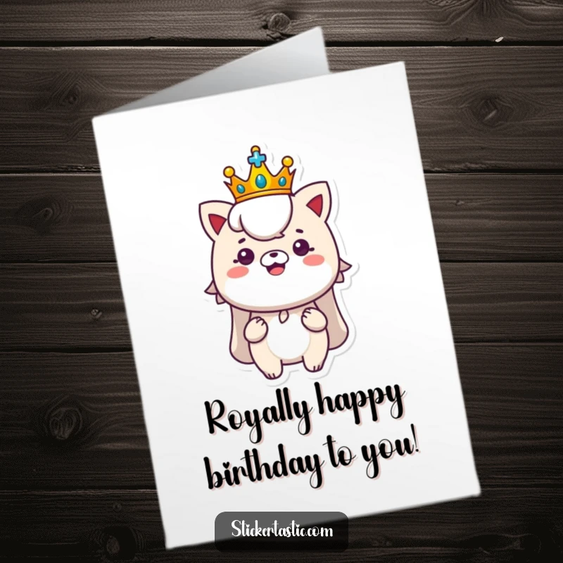 Funny Free Printable Birthday Card: a character wearing a tiny crown proudly displays a shiny, new sticker.