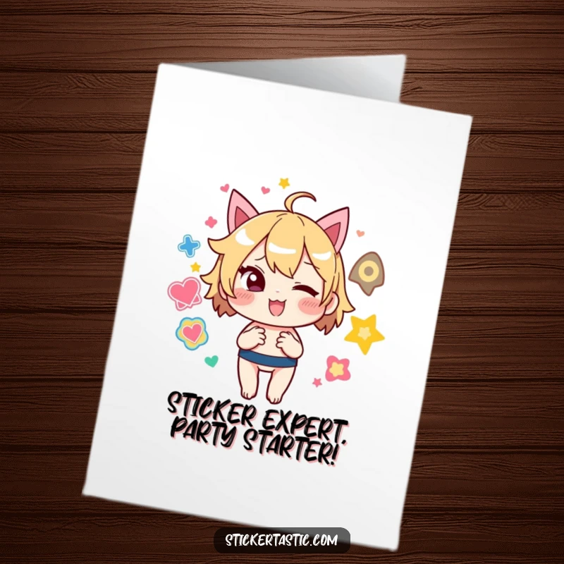 Funny Free Printable Birthday Card: Mischievous character winking while juggling a rainbow of colorful stickers, perfect for a playful celebration.