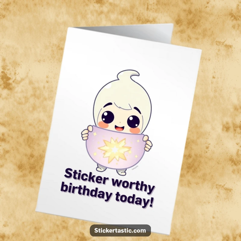 Funny Free Printable Birthday Card: A grinning character proudly presenting a giant, sparkling sticker.