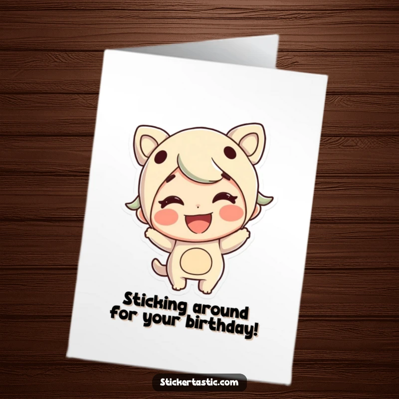 Funny Free Printable Birthday Card: A happy character with a big grin enthusiastically applies a large, decorative sticker.