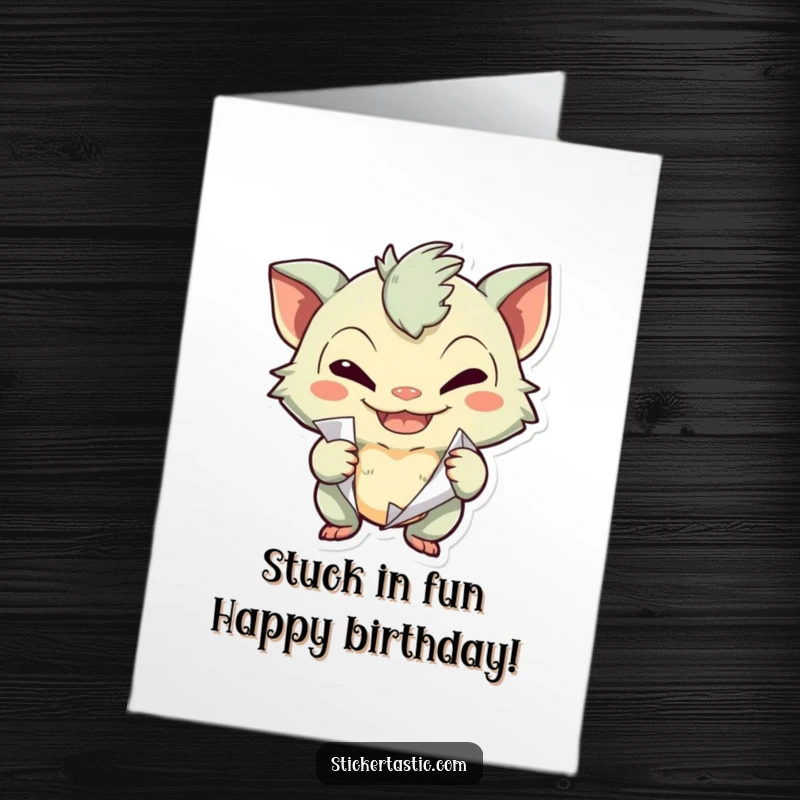 Funny Free Printable Birthday Card: A creature with a sly, mischievous grin, peeling off a sticker with playful intent.