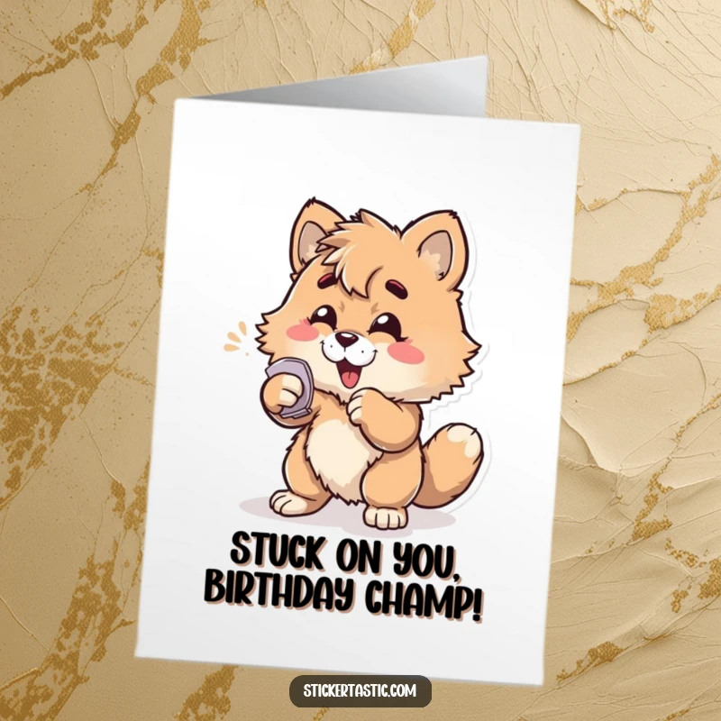 Funny Free Printable Birthday Card: Furry friend enthusiastically slaps a sticker on a surface, capturing a moment of pure joy.