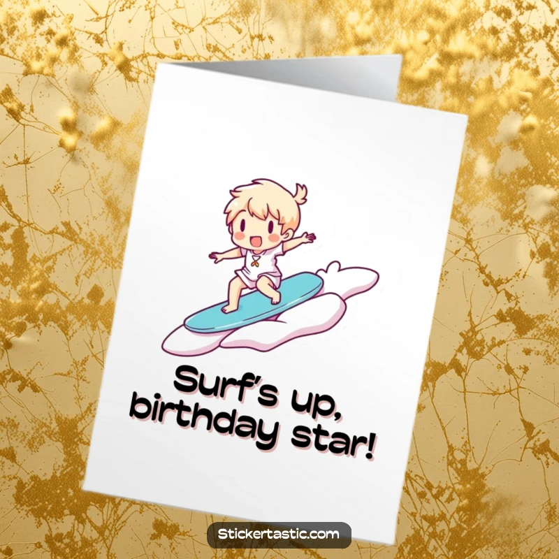 Funny Free Printable Birthday Card: Character joyfully surfing on a giant floating sticker, embodying pure birthday excitement and fun.